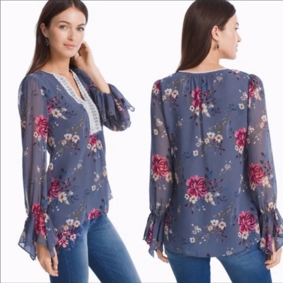White House Black Market Tops - WHBM | Blue Floral Blouse Ruffle Sleeve Top Size 8